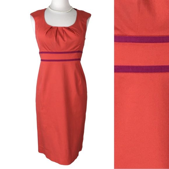 Boden Coral Peach with Fuchsia Ribbon Detail Sleeve Sheath Midi Dress size 8 - Picture 1 of 15